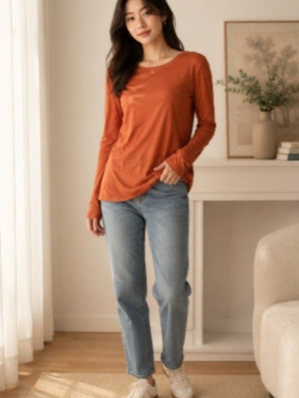 a new day Long-Sleeve Crewneck Top - Burnt Orange